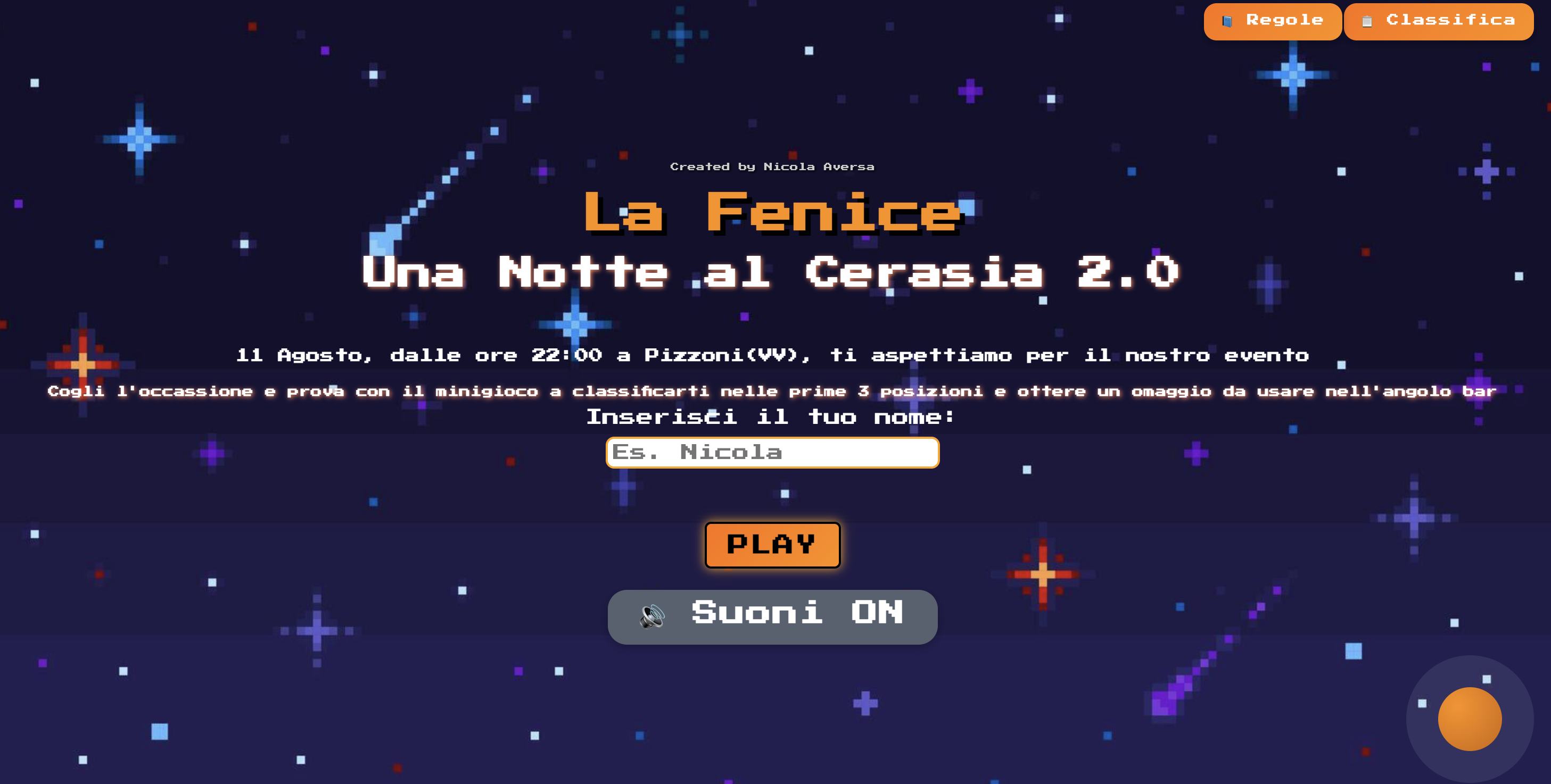 Screenshot iniziale del minigioco Notte al Cerasia realizzato da Nicola Aversa
